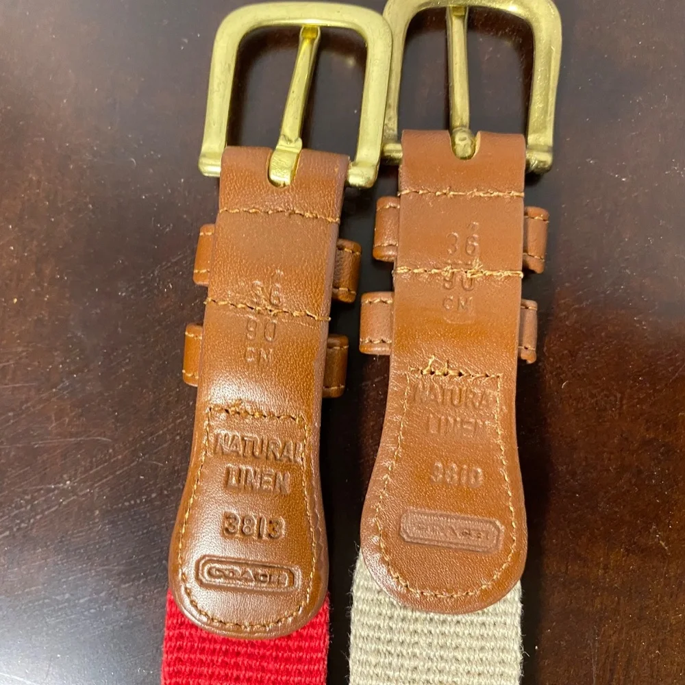 2 Vintage Coach Belts Unisex 36 Tan • Red  Natural Linen & Leather Brass - Picture 3 of 7